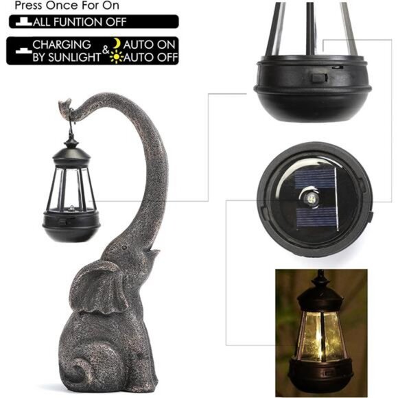 15" Outdoor Sculpture Figurine Statue Elephant Home Decor Solar Garden Statues - Picture 4 of 5